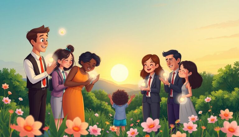 Illustration of adults reconnecting with warm, glowing forms representing their inner child.