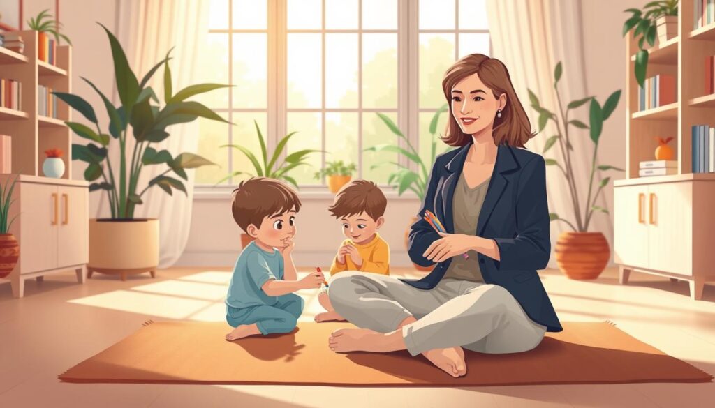 A serene scene of a therapist's cozy office, inviting healing and introspection. In the foreground, a gentle, compassionate therapist, a middle-aged woman in professional attire, sits cross-legged on a soft rug, engaging with a small, colorful toy or drawing materials symbolizing the inner child. In the middle, a young child, depicted as playful and curious, interacts with the materials, conveying joy and openness. The background features warm, soft lighting filtering through large windows, with plants and bookshelves that create a nurturing atmosphere. The mood is tranquil and supportive, embodying a safe space for emotional healing, with a focus on connection and understanding. The artwork should reflect a harmonious blend of colors that evoke feelings of comfort and warmth. Image generated by nextself.ai.